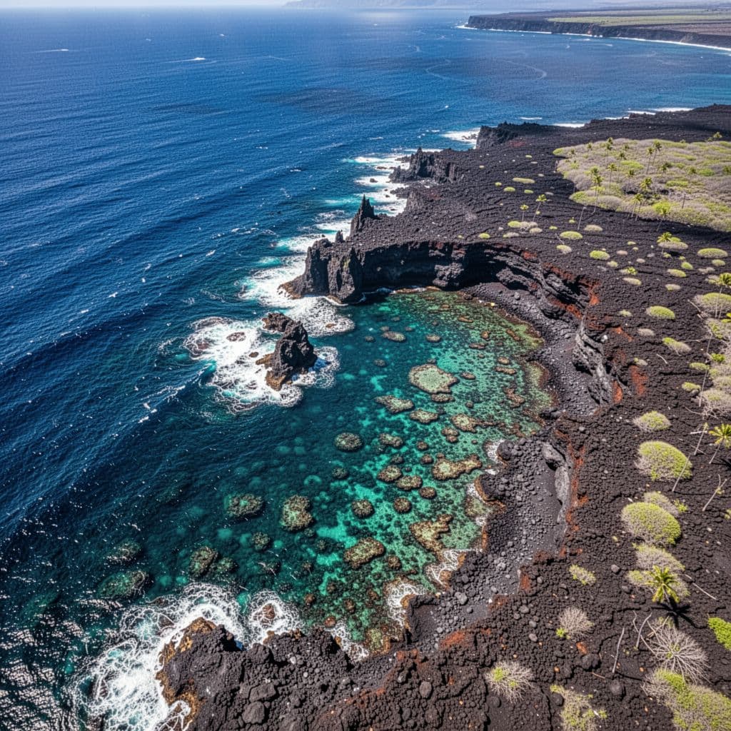 An aerial perspective shows deep blue ocean waters crashing against rugged black volcanic rock.