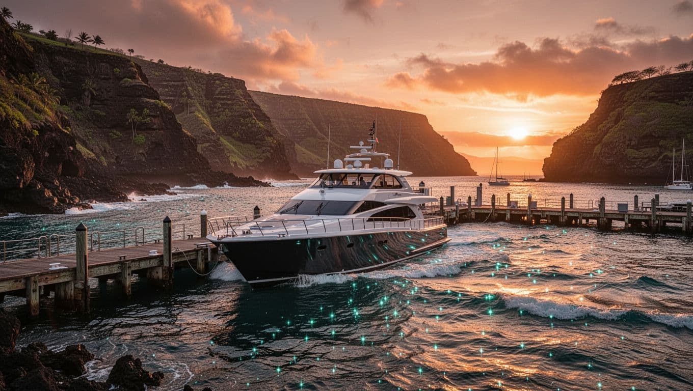 A tour boat docked at Honokohau Harbor along the Kona coast at sunset.