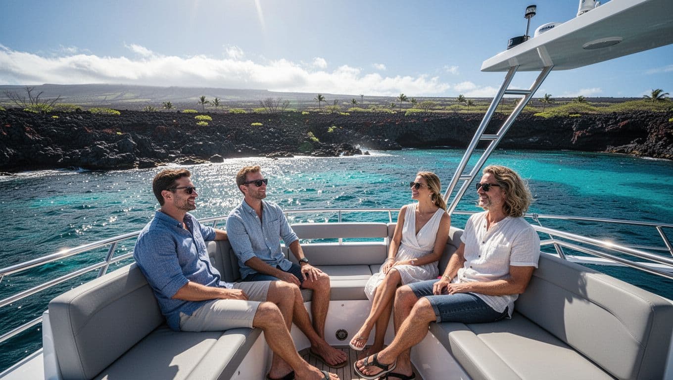 A modern tour boat cruising through bright blue Kona waters with two passengers on deck.