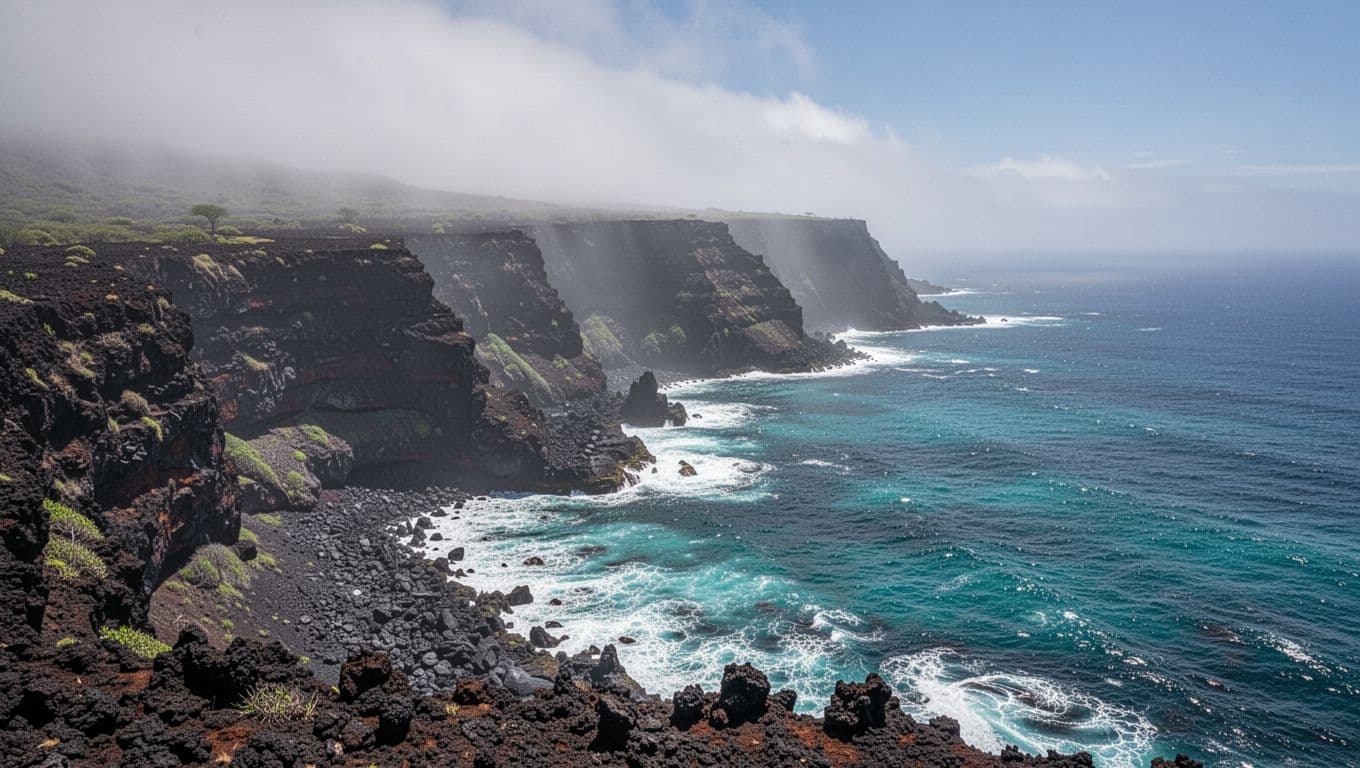 Soft light filters through volcanic haze over the rocky Kona coastline and turquoise ocean waters.