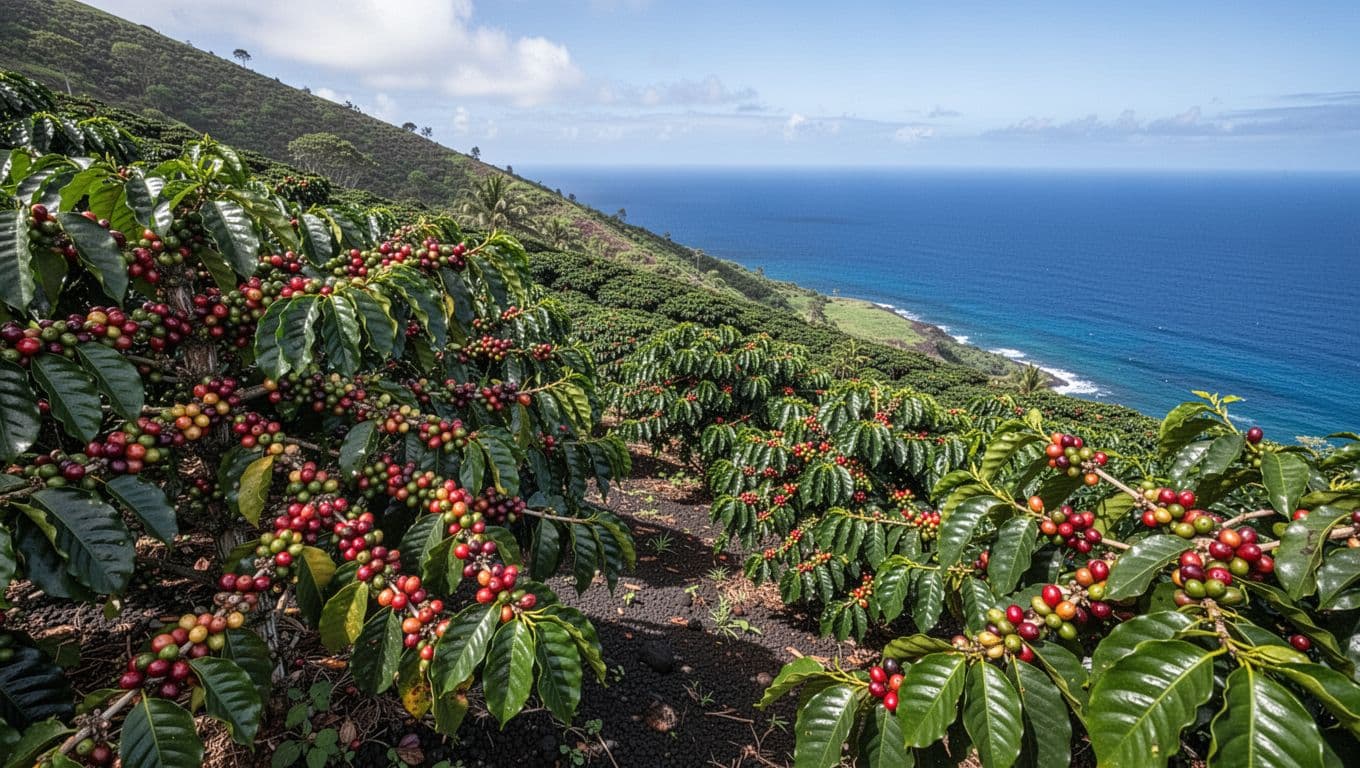Ripe coffee cherries fill green trees on a hillside above the blue Pacific Ocean.