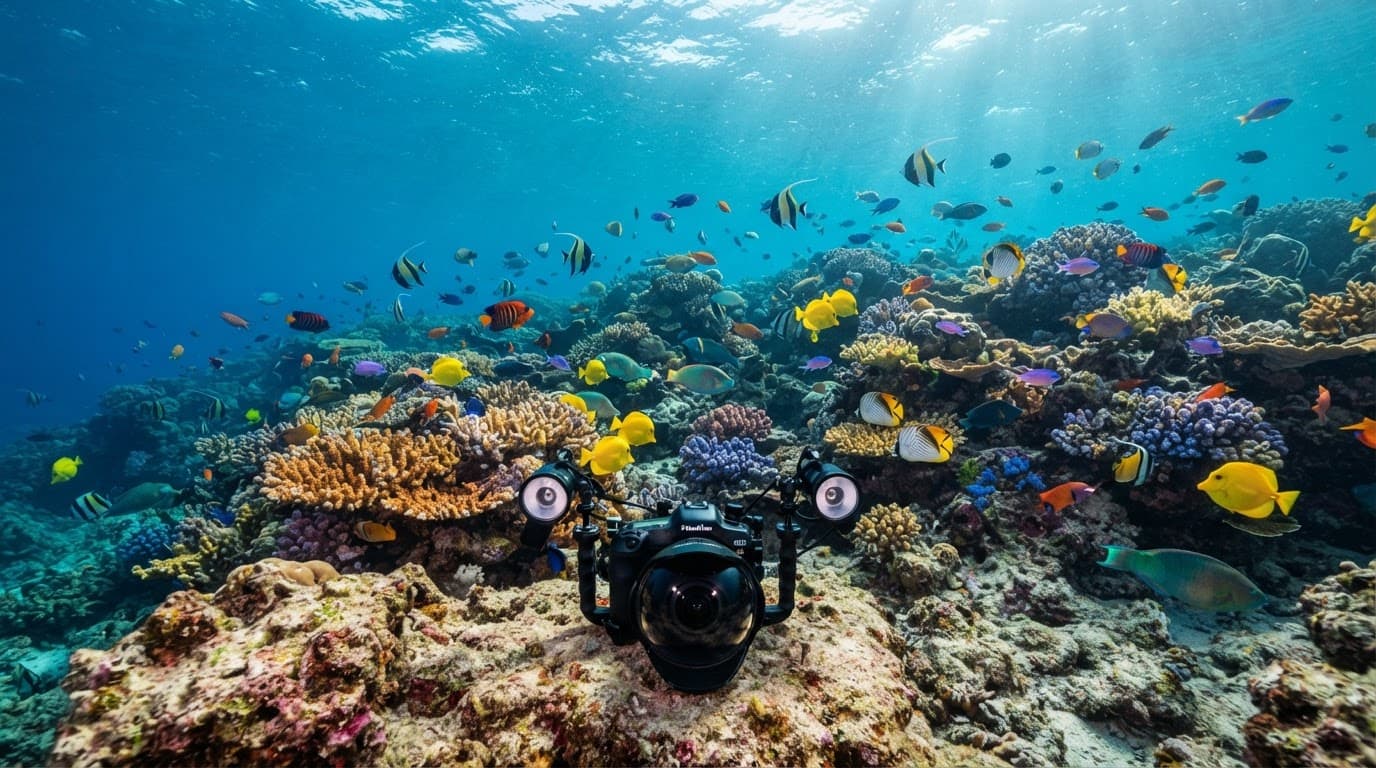 Colorful fish swim over a coral reef beside an underwater camera.