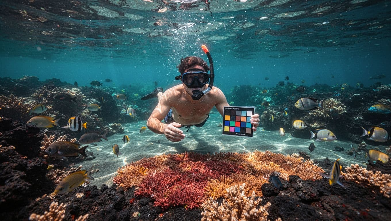 A snorkeler observes colorful coral and fish beside volcanic rock in clear Hawaiian water.