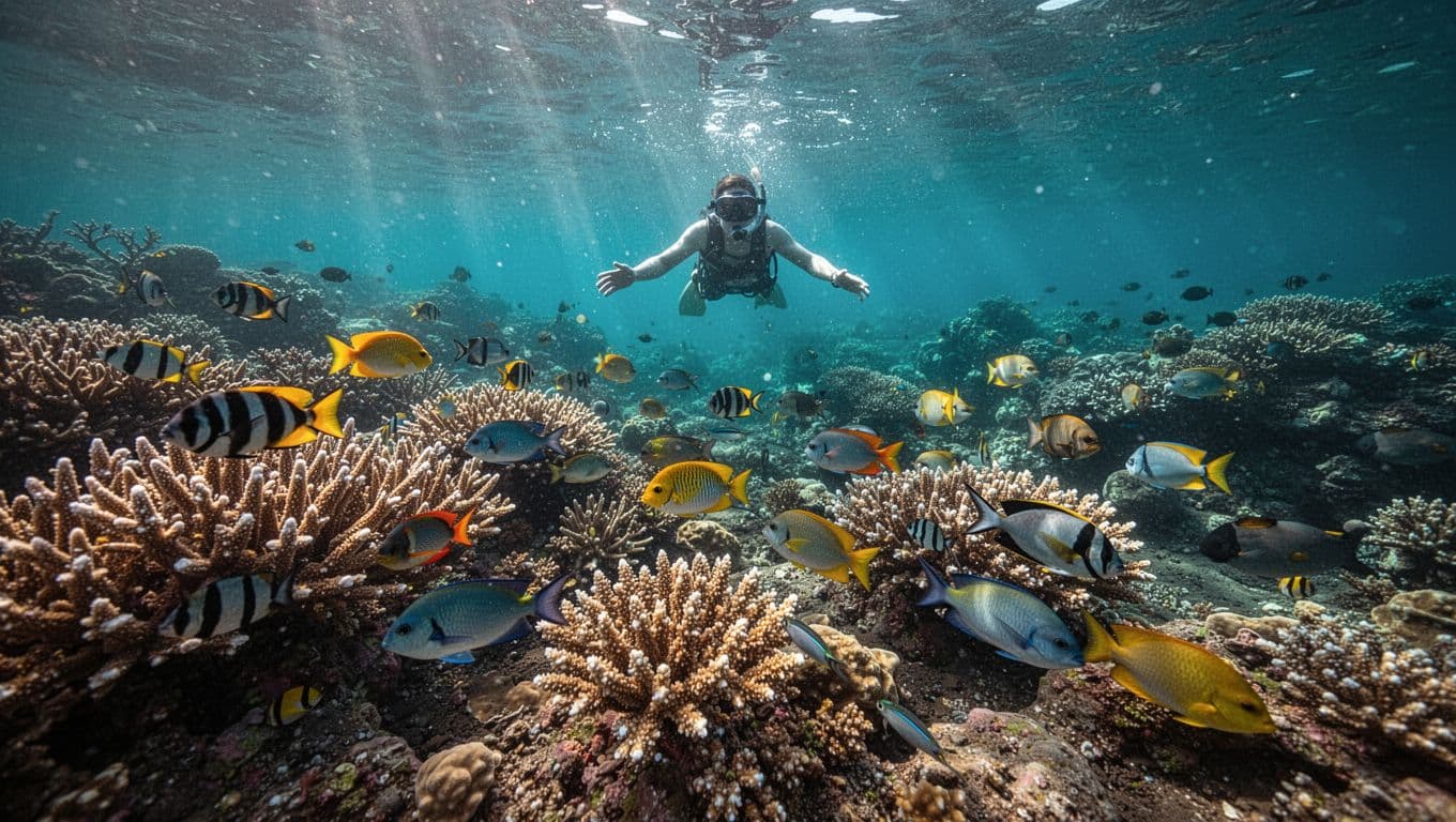 A snorkeler swims above a colorful coral reef surrounded by tropical fish.