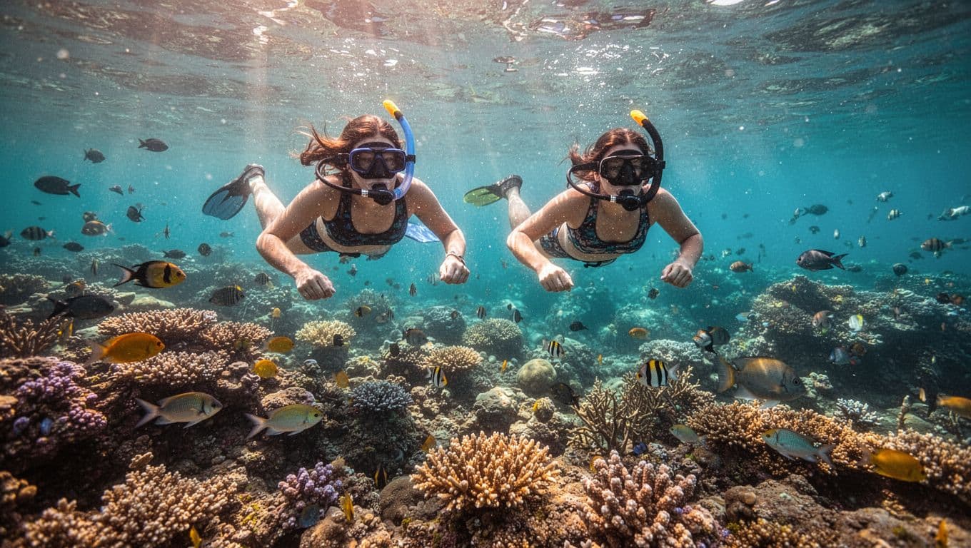 Two snorkelers swim above a colorful coral reef in clear Hawaiian water.