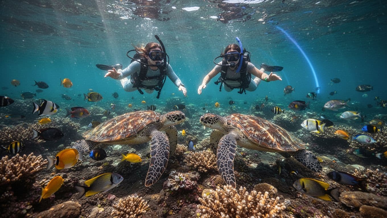 Vibrant coral reef teeming with colorful tropical fish and sea turtles in crystal-clear turquoise waters off Kona coast, Big Island, Hawaii, with two snorkelers viewing the scene under dramatic sunlight.