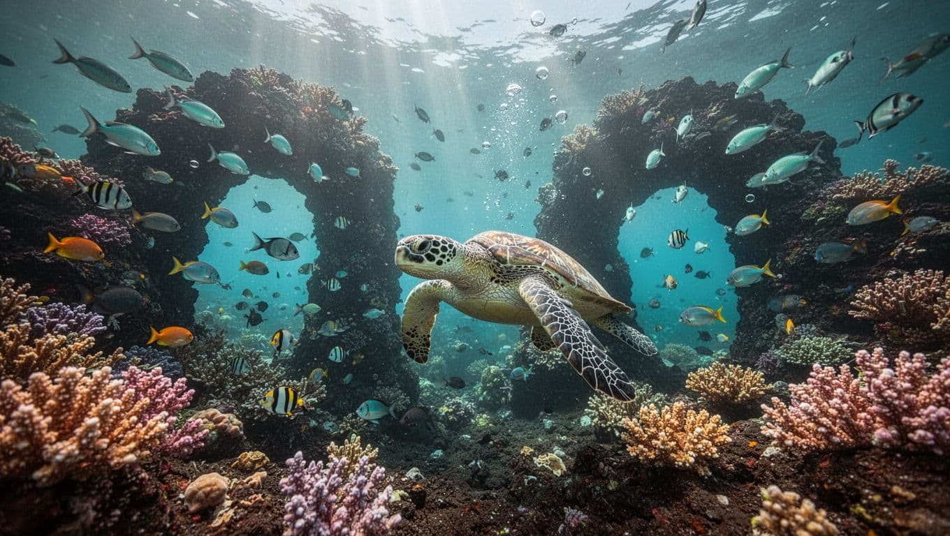 Vibrant underwater coral reef in Kona, Big Island, Hawaii, with schools of tropical fish around black lava arches and coral heads, and a green sea turtle swimming gracefully amid shafts of sunlight piercing clear turquoise water.