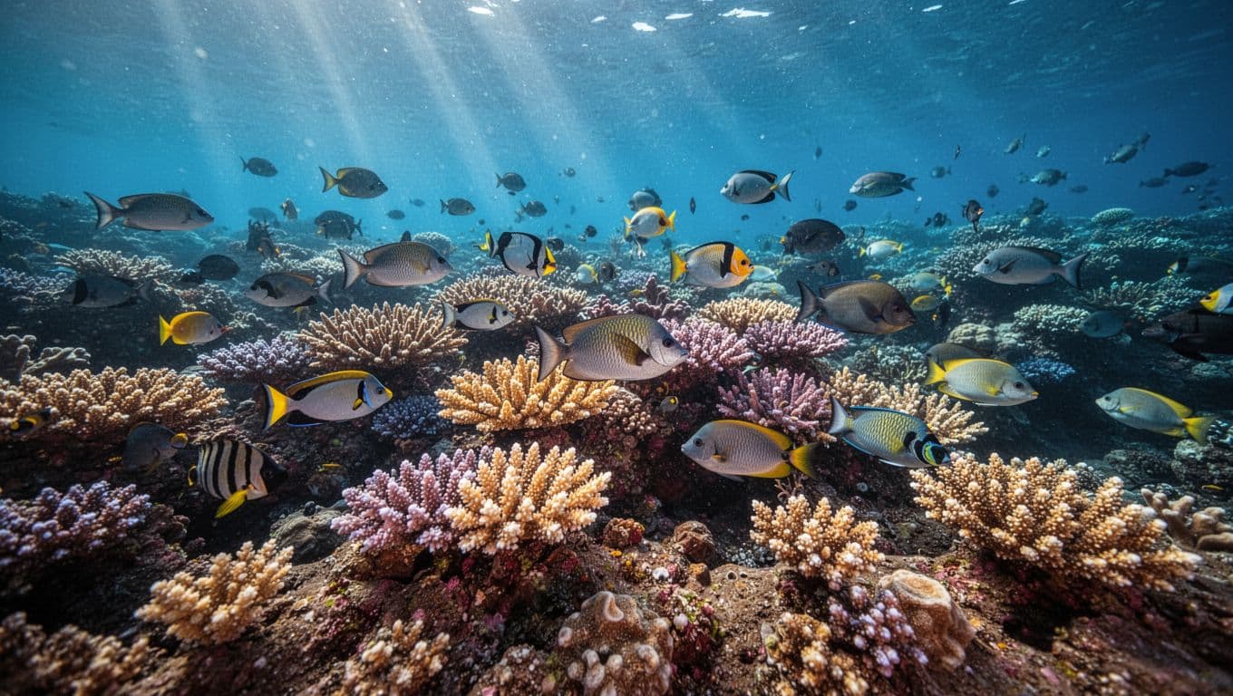 Underwater view of coral reef with tropical fish in clear water.