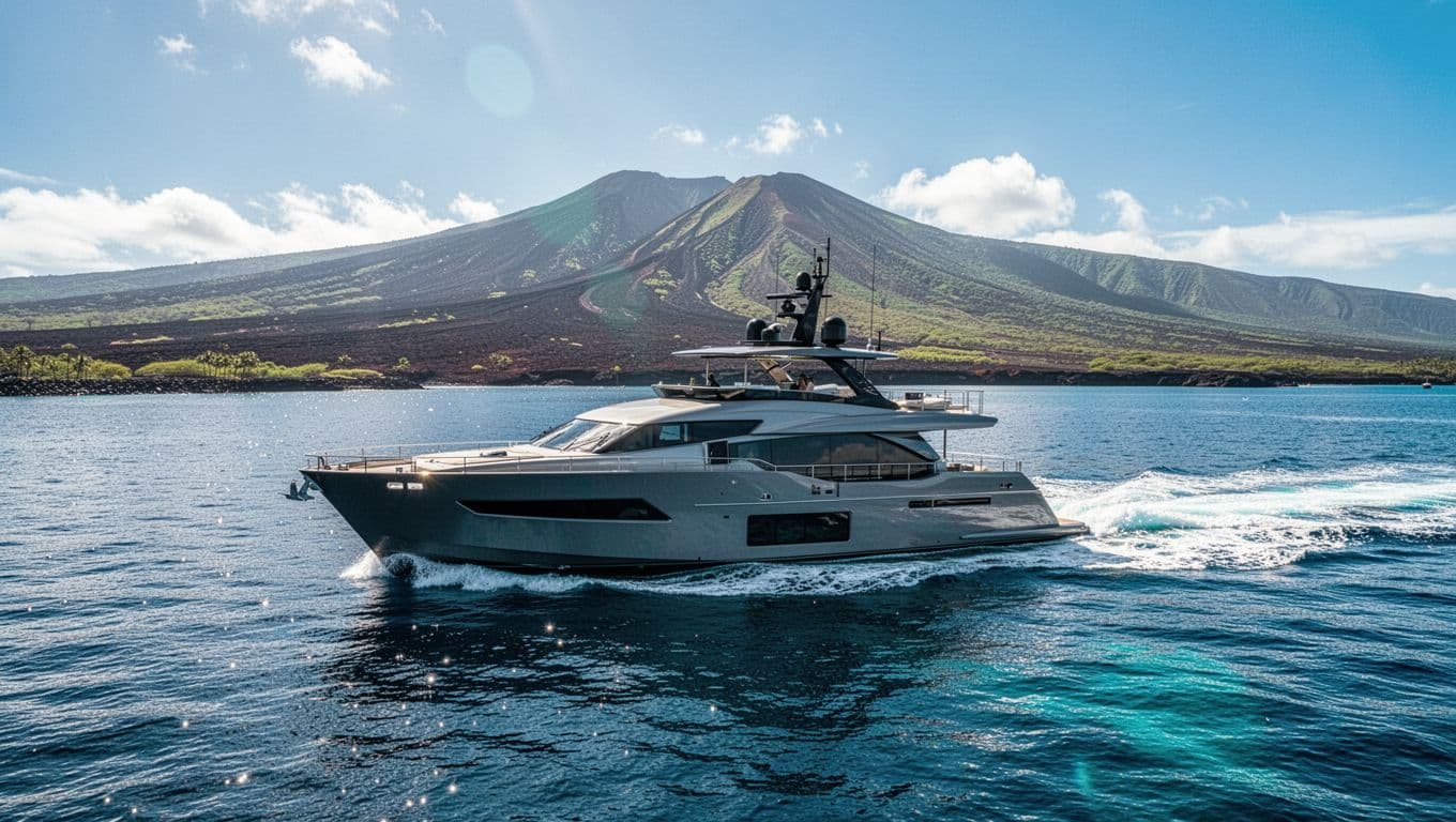 A sleek, contemporary vessel cuts through the serene blue waters of the Kona coastline. Distant volcanic mountains provide a dramatic backdrop under a bright sun, highlighting the boat's elegant, sparkling design.