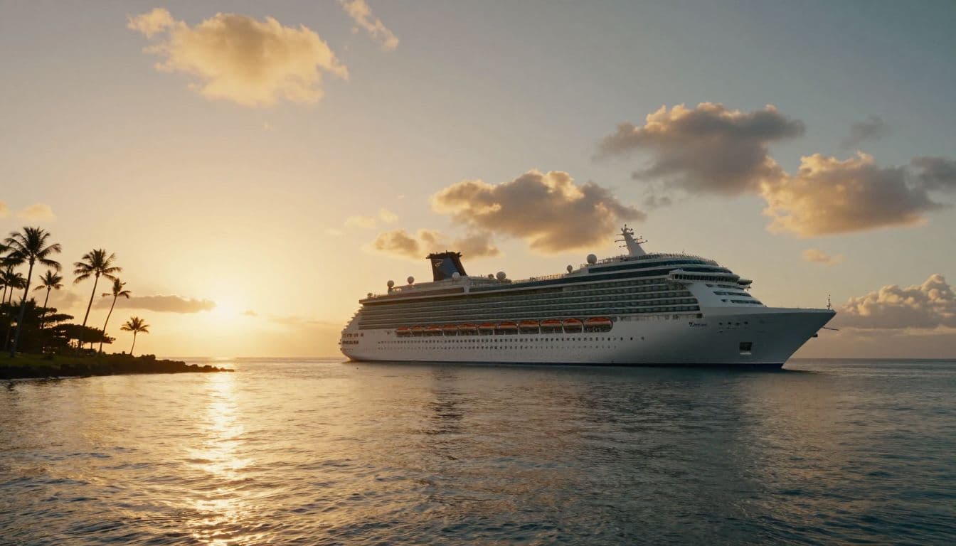 A cruise ship sits in a tropical bay at sunset with palm trees along the shore.