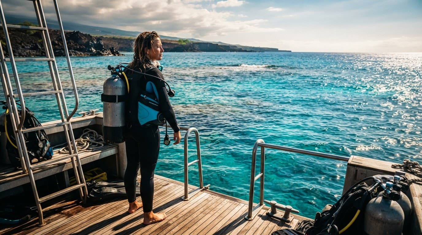 A diver stands on a boat deck overlooking the bright cyan ocean in Kona.