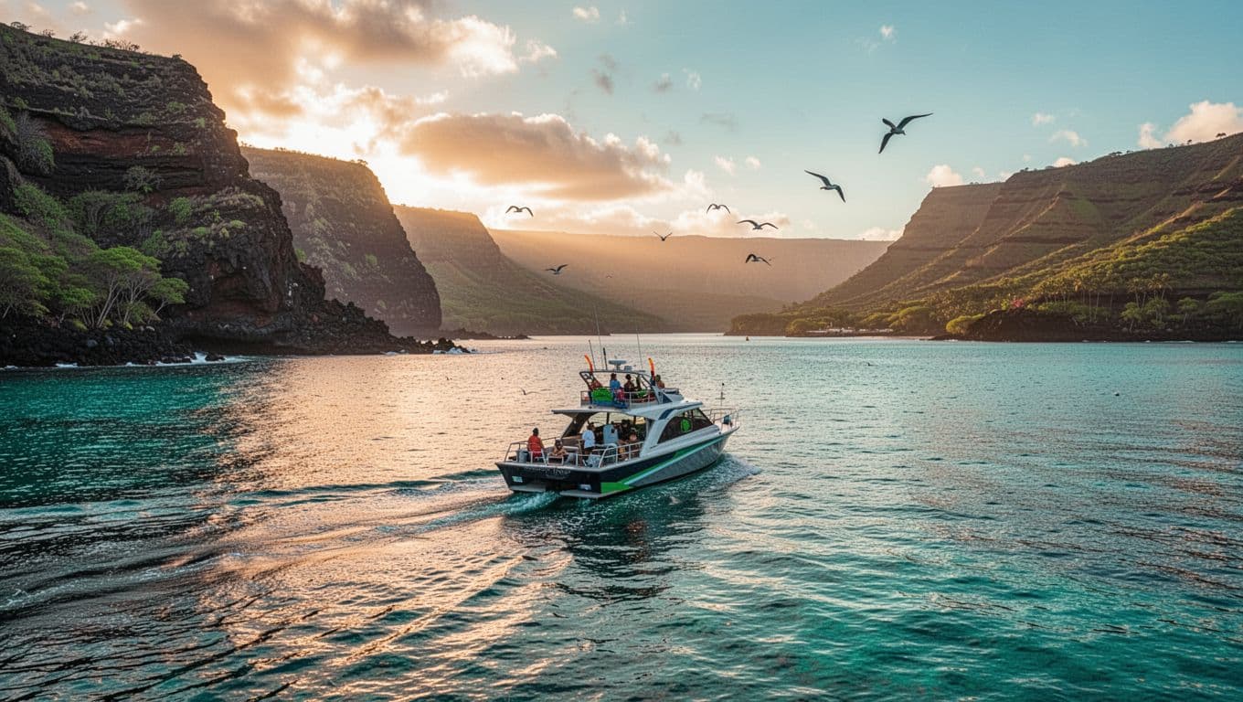 A small snorkel boat heads toward Kealakekua Bay beneath green volcanic cliffs.