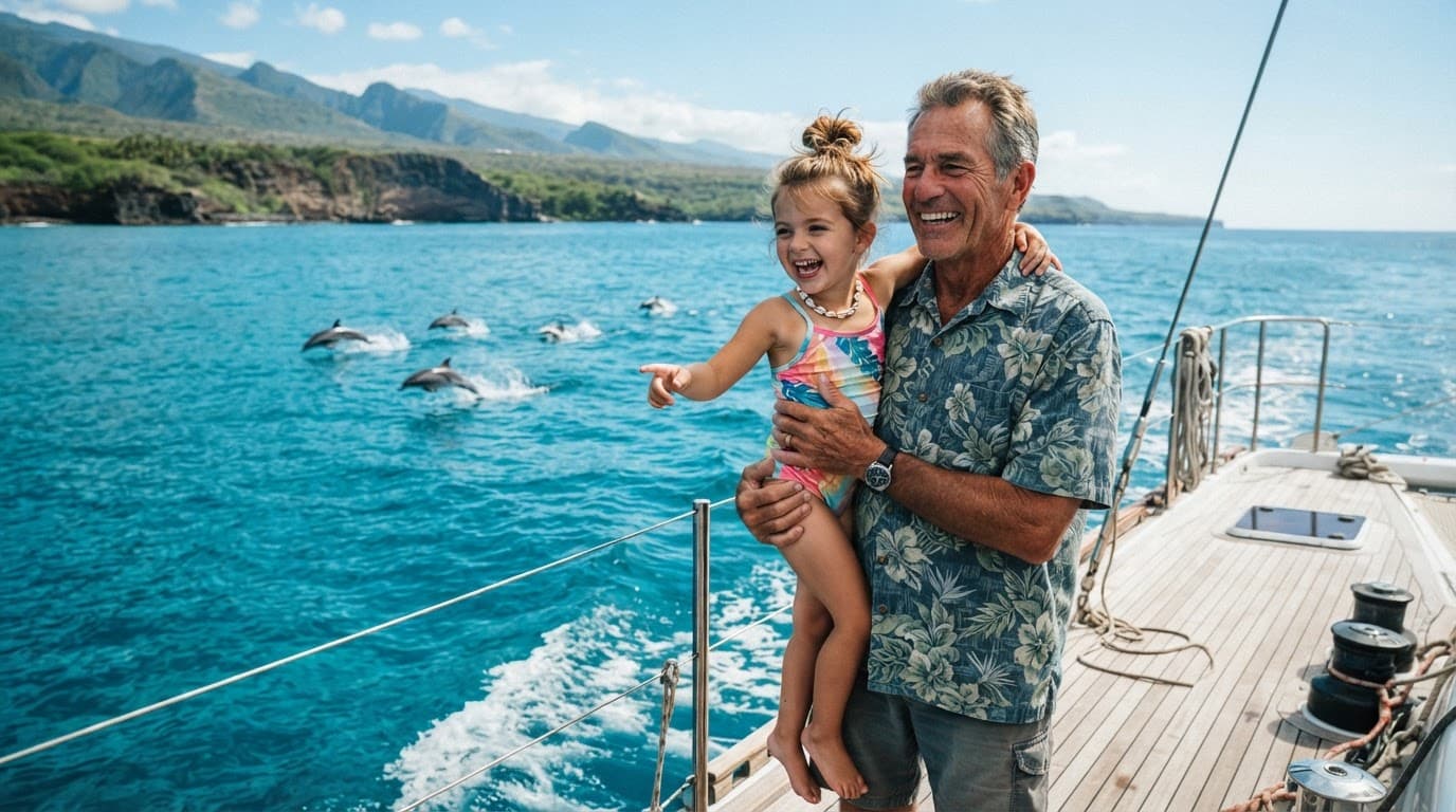 Grandfather and grandchild smiling on a boat in Kona with dolphins nearby.