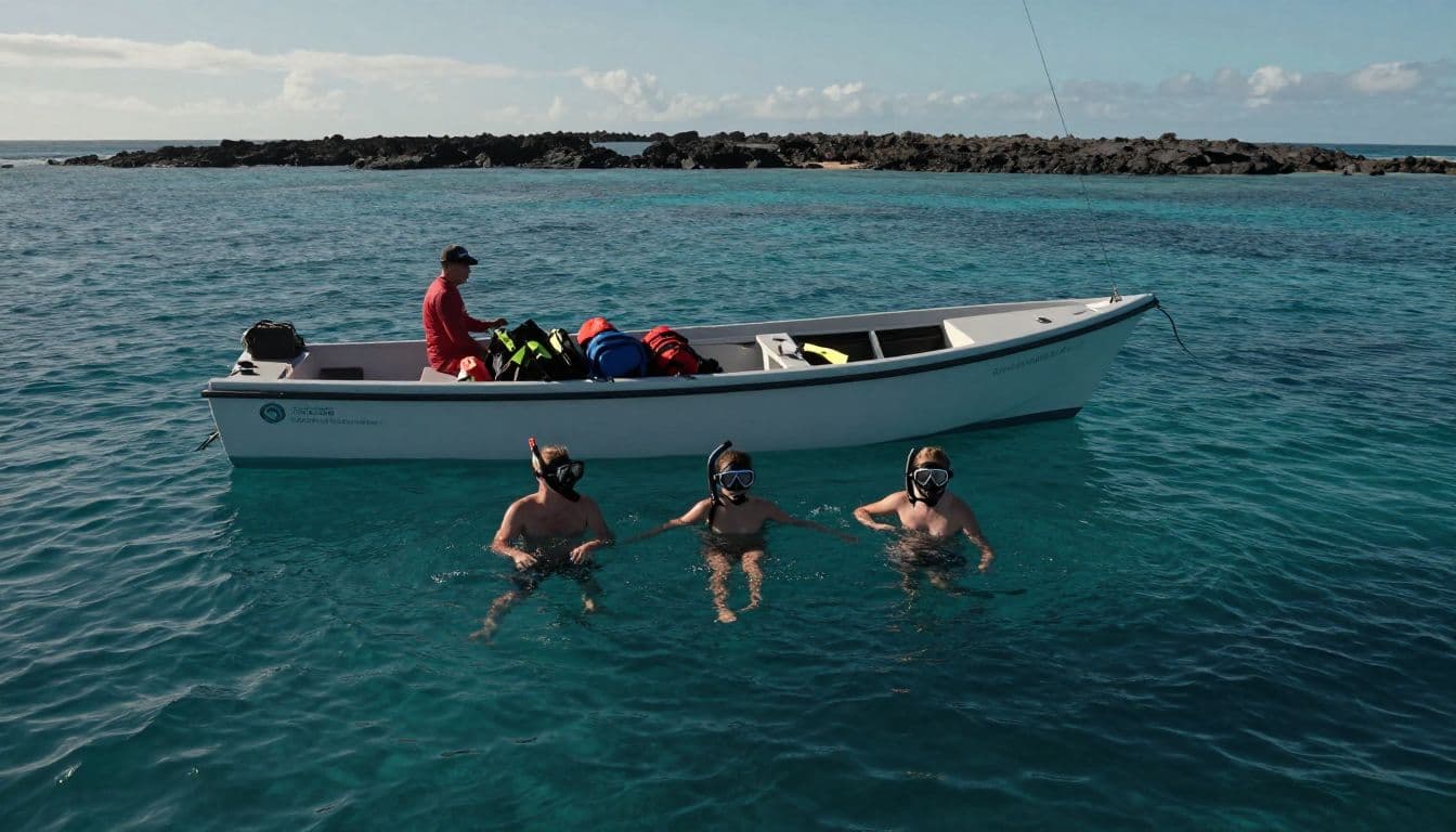 Three snorkelers rest beside a small boat in clear blue reef water.