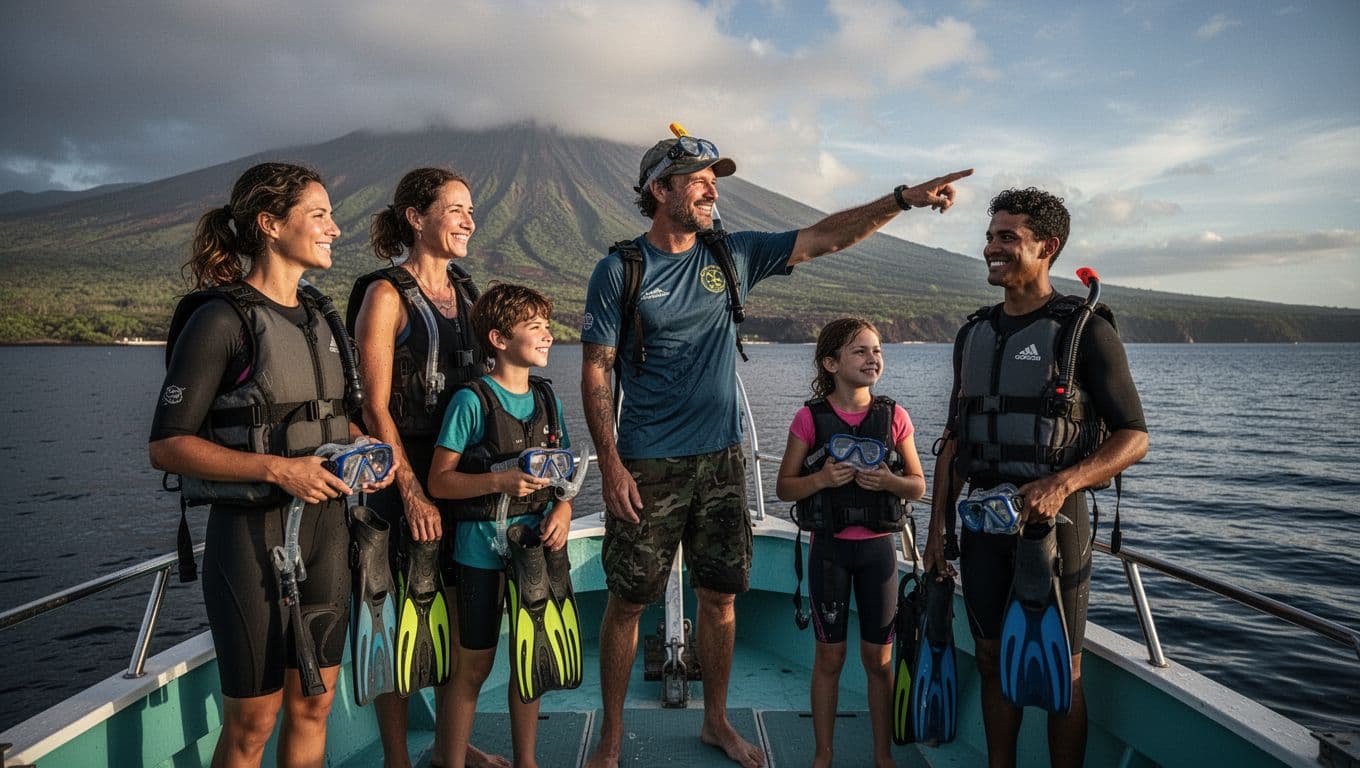 Smiling family of four on snorkel boat holds masks and fins as guide points to horizon with volcanic Kona coast behind.