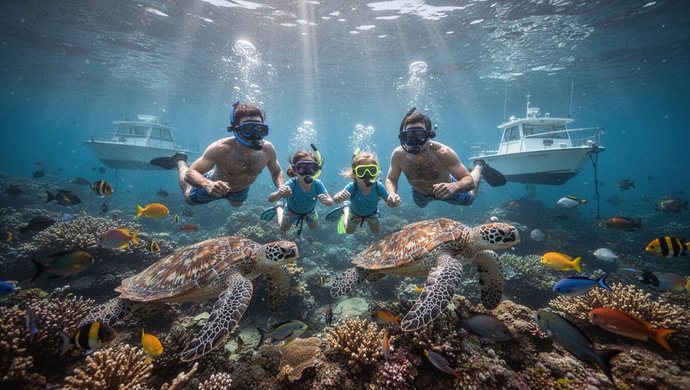 Family of four snorkels over coral reef with turtles and fish in clear Kona waters; small boat floats nearby.
