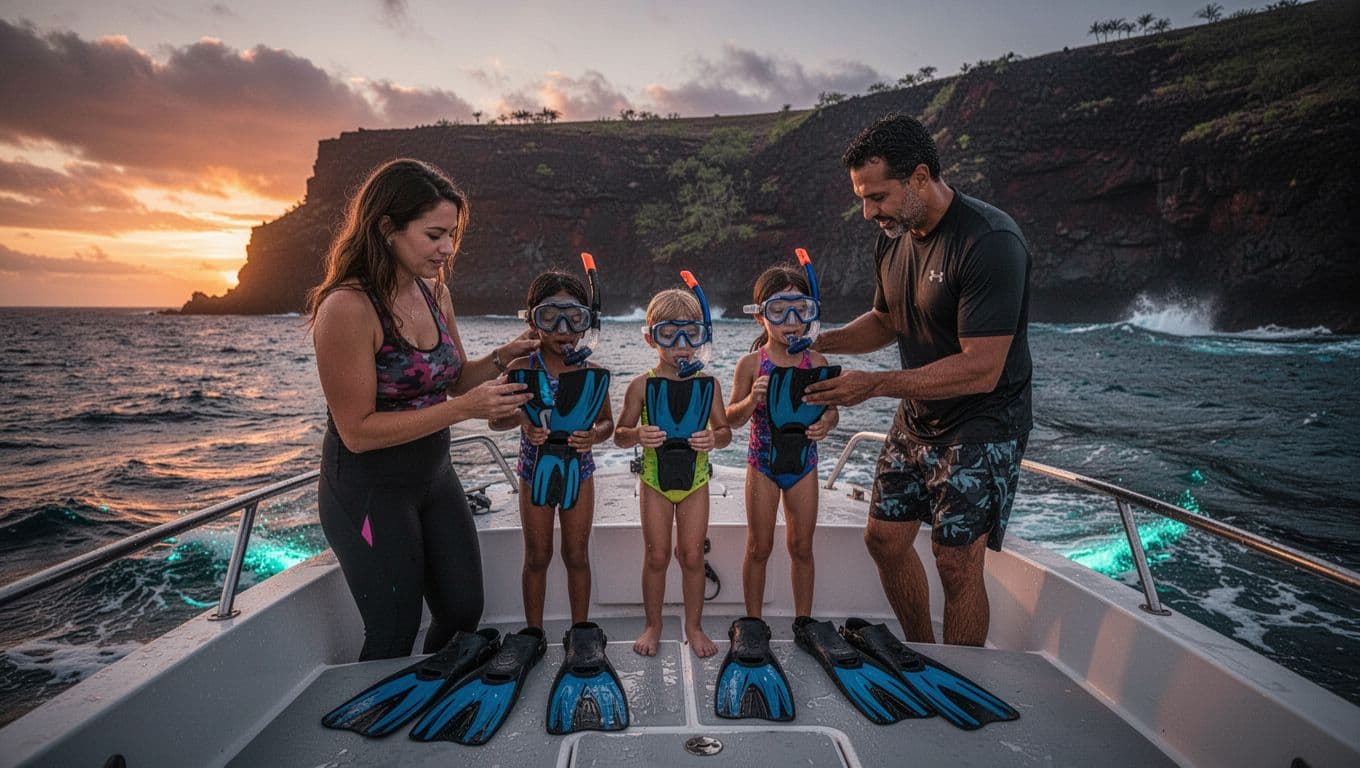 Diverse family of four on a snorkel boat deck at twilight off Kona, Hawaii Big Island, with parents helping children aged 6-8 don masks and fins amid joyful anticipation and dramatic sunset lighting.