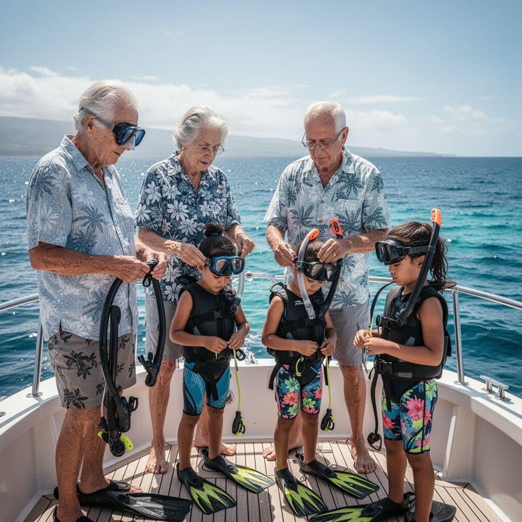 Grandparents and young children on boat deck prepare snorkeling gear against blue ocean.