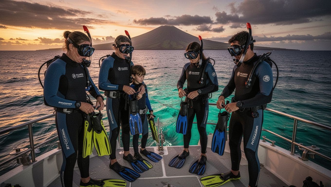 Two adults and two kids prepare masks, fins, and wetsuits on boat deck at sunset off Kona with volcano horizon.
