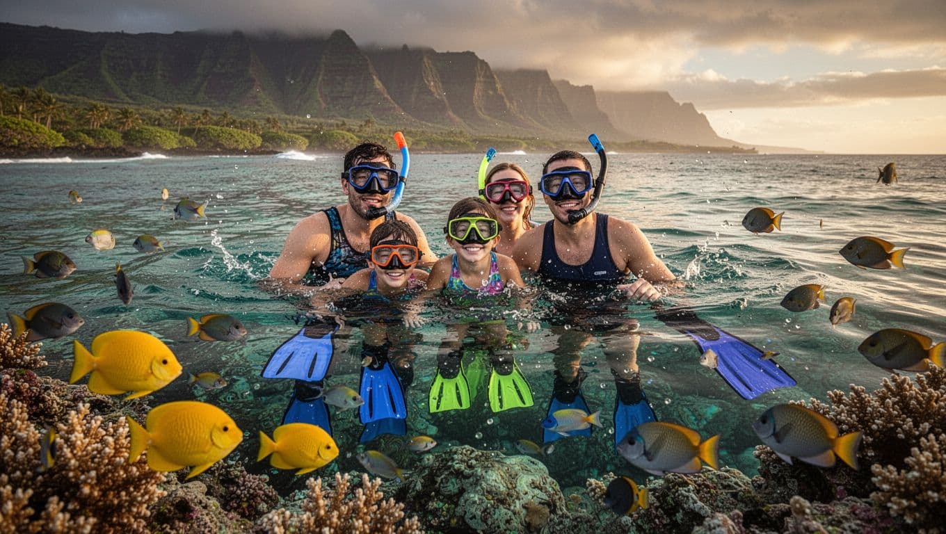 A joyful family of four wears colorful snorkel masks and fins while snorkeling in crystal-clear turquoise waters over a vibrant coral reef with tropical fish, Kona coastline in the background.