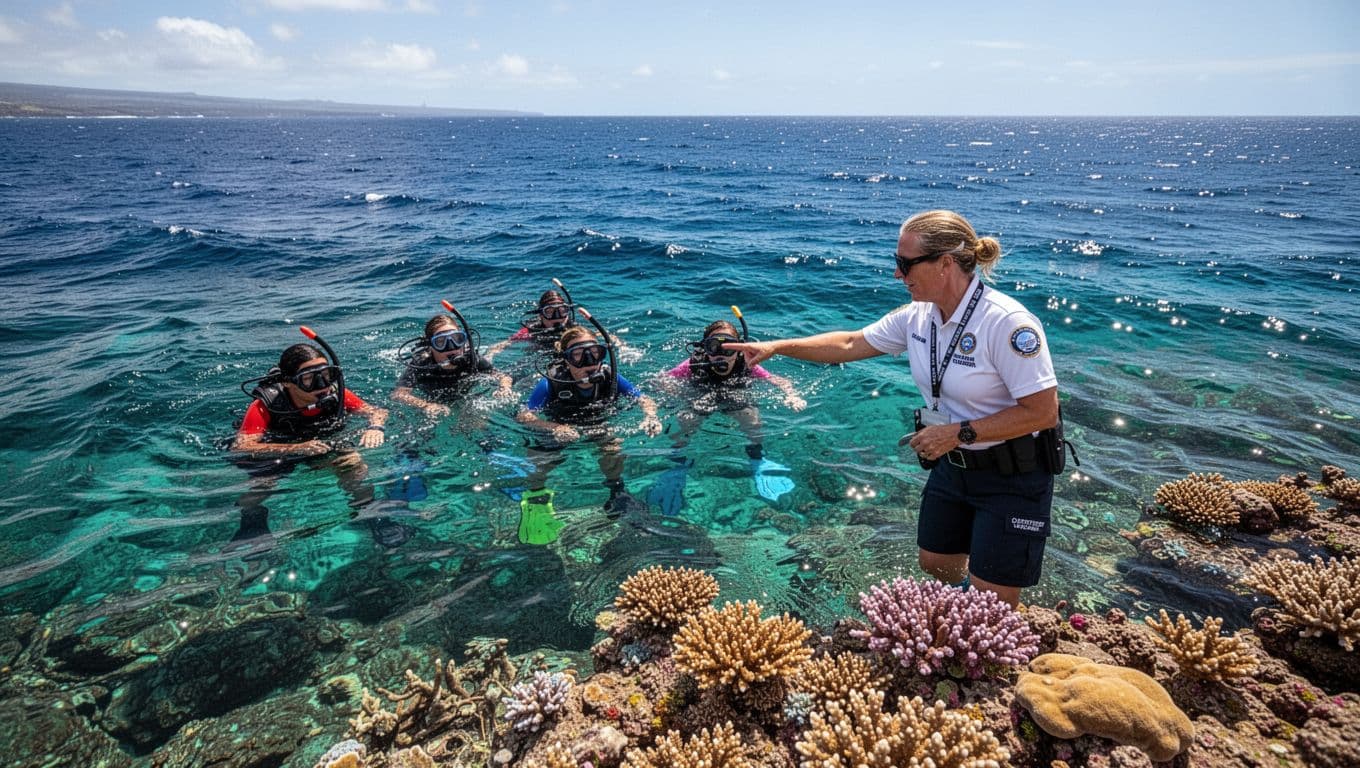 A guide leads snorkelers over a colorful coral reef in clear Kona waters.