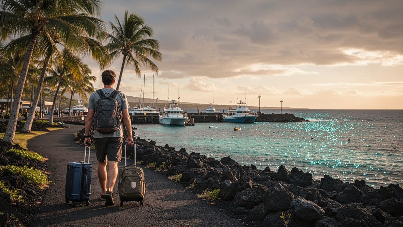 A traveler with a suitcase and daypack walks beside Kona Harbor at sunset.