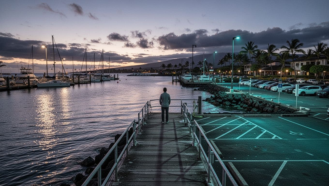 A person stands by a parking area overlooking a Kona harbor at dusk with glowing cyan lights.