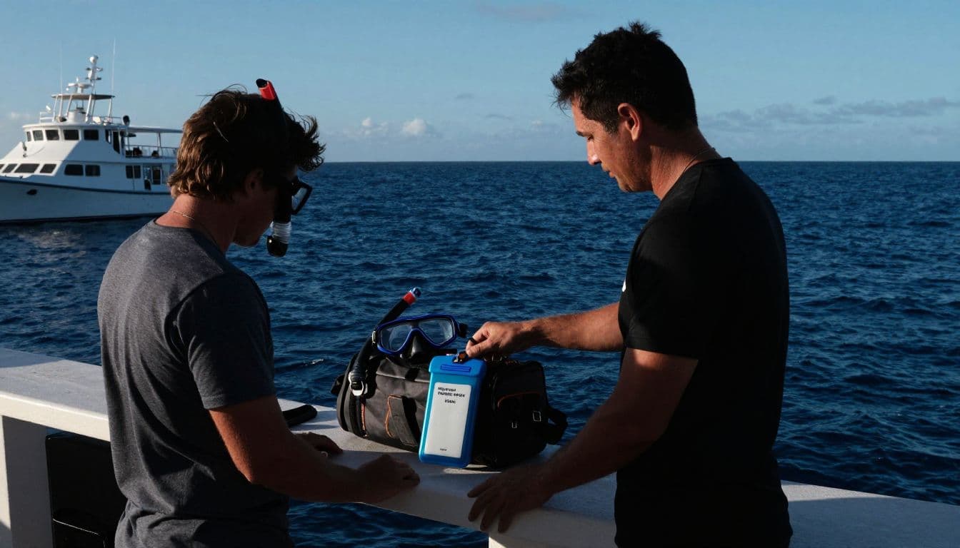 Traveler reports missing snorkeling gear to a boat guide at a tropical harbor.
