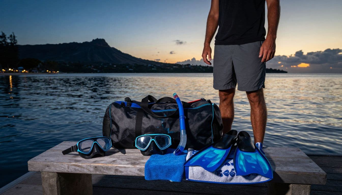 Traveler beside snorkeling gear on a Kona harbor dock at sunset.
