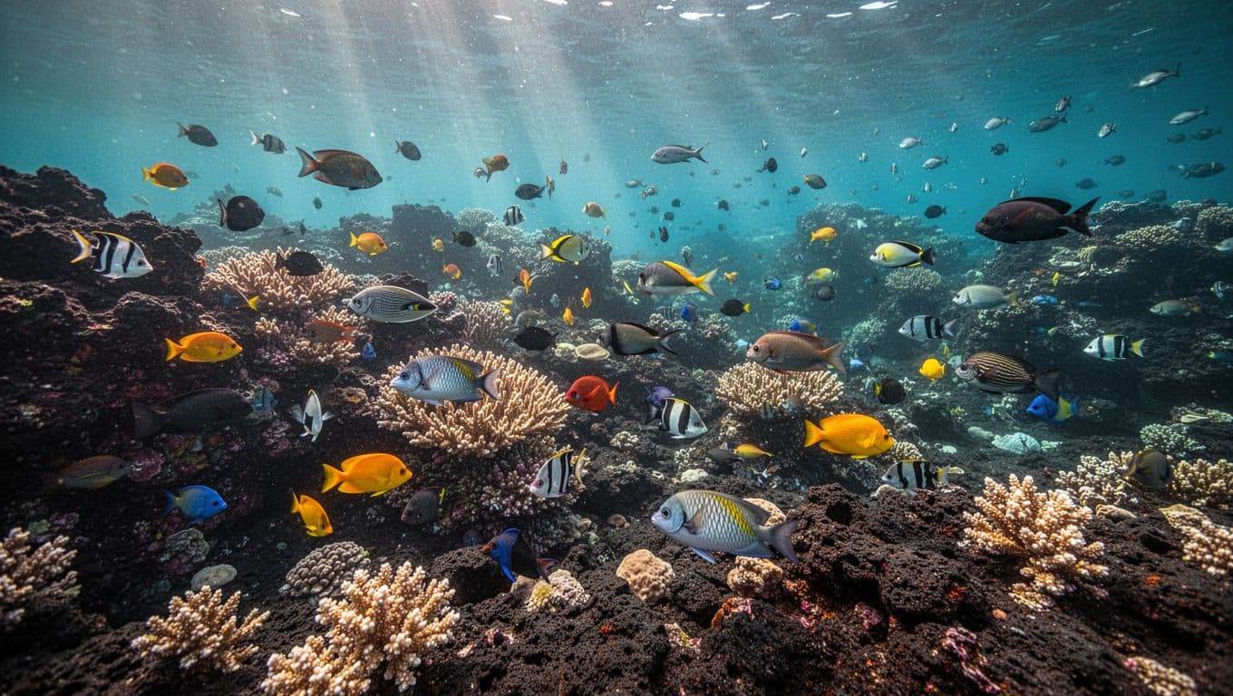 Tropical fish swimming around colorful coral reef formations in clear turquoise water.