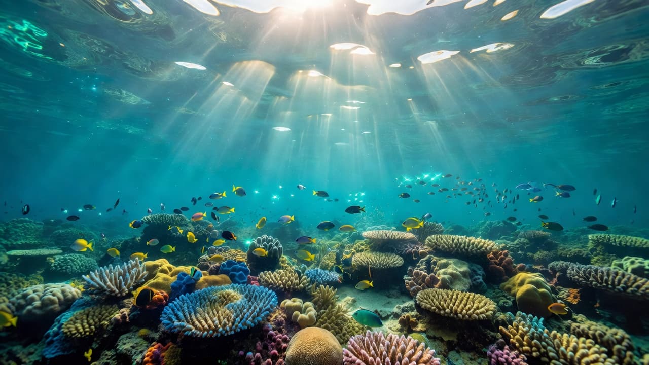 Sunlight filters through clear turquoise water onto a colorful coral reef in Hawaii.