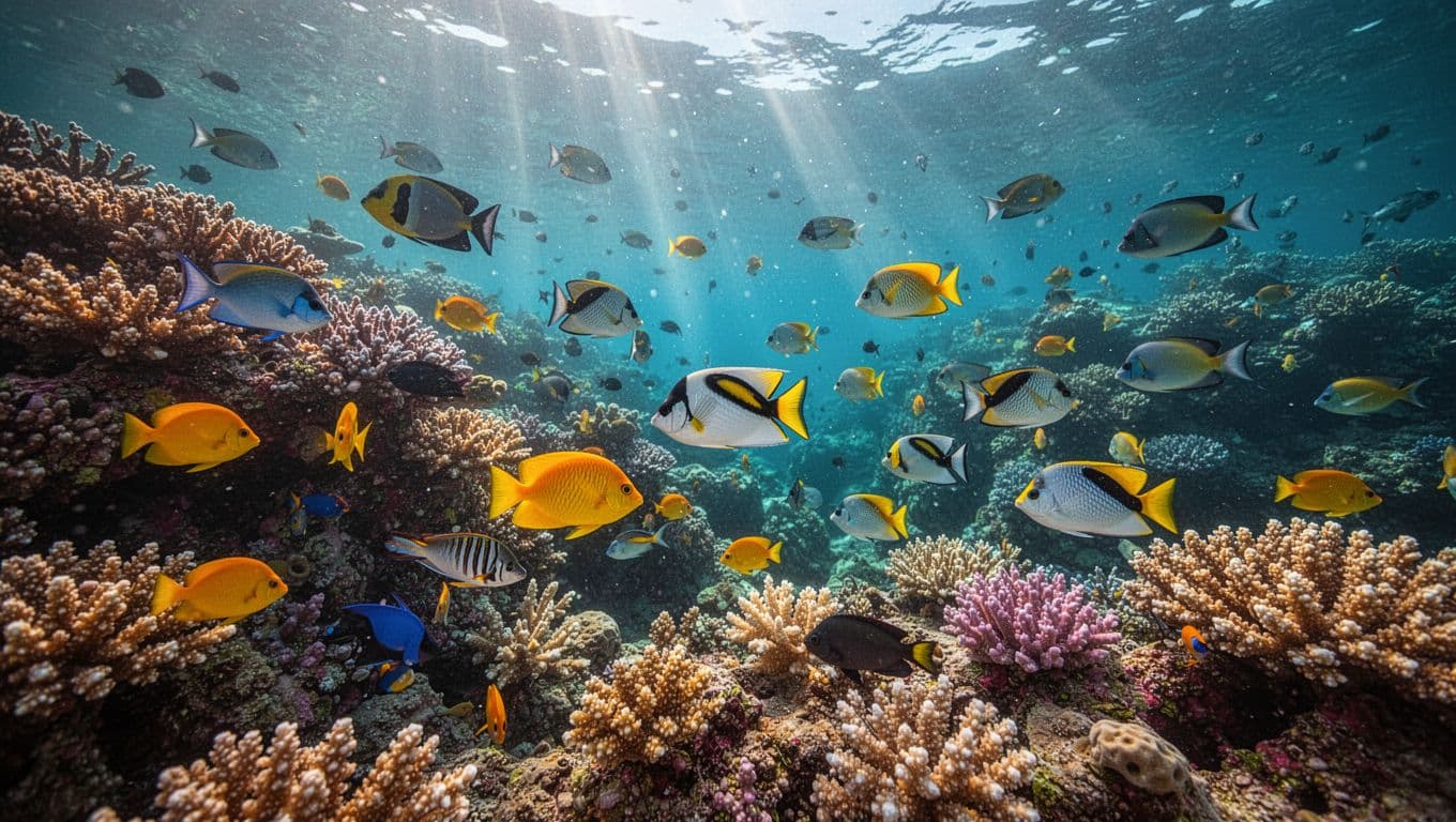 A diverse array of tropical fish swims through intricate coral formations submerged in clear turquoise Hawaiian waters. Sun rays pierce the ocean surface, illuminating the colorful marine life and jagged reef structures.
