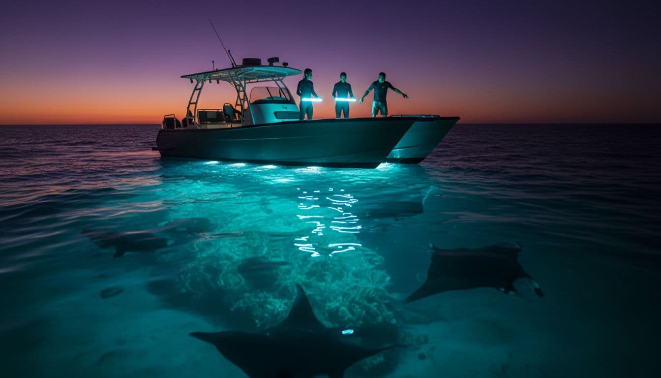 Sleek modern snorkel boat on calm dark ocean off Kona, Hawaii at night with turquoise underwater lights attracting plankton and manta rays gliding below surface, visible through clear water; three passengers in wetsuits on deck holding light boards preparing to enter with lifeguard guide pointing to rays.