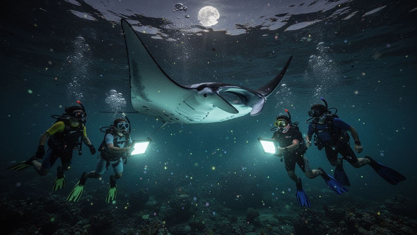 A giant manta ray glides peacefully near three snorkelers holding a lighted board underwater at night off the Kona coast, with plankton glowing softly in clear turquoise water.