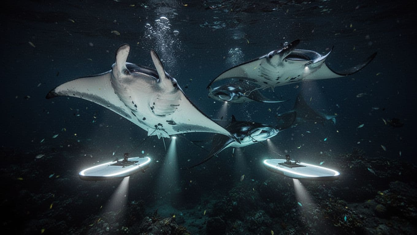 Graceful giant manta rays somersaulting and gliding near illuminated snorkel boards in dark nighttime ocean waters off Kona, Hawaii, with dramatic underwater lighting highlighting their white undersides.