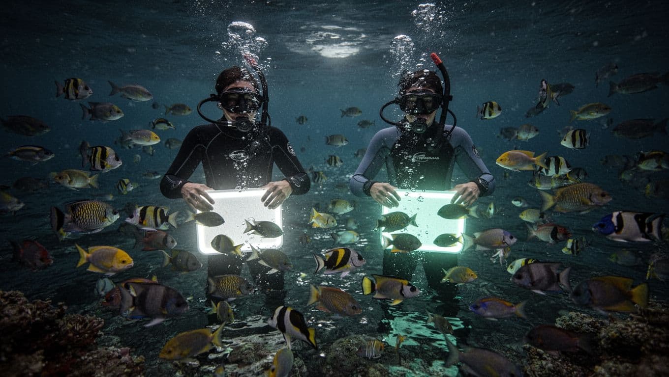 Calm dark ocean at night off Kona, Hawaii, illuminated by snorkel board lights revealing swirling schools of colorful tropical fish around two snorkelers.