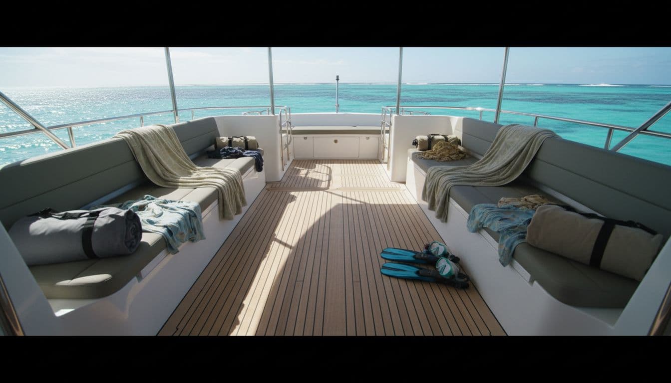 Modern boat deck with dry bags and towels organized on benches, turquoise ocean horizon under sunny sky.