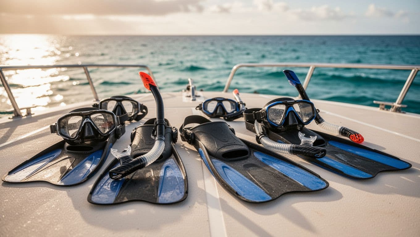Assortment of high-quality snorkel masks, fins, and snorkels laid out on a sunny boat deck in Kona, Hawaii, overlooking calm turquoise ocean with dramatic lighting and cinematic style.