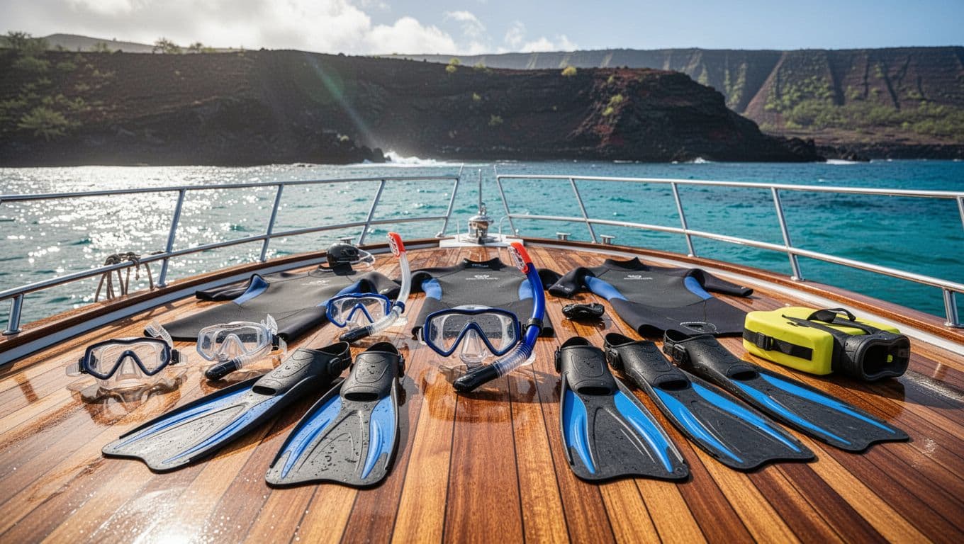 High-quality snorkel gear including masks, snorkels, fins, shorty wetsuits, and flotation devices neatly arranged on a wooden boat deck in sunny Kona, Hawaii, with turquoise ocean and volcanic coast in the background. Cinematic style featuring strong contrast, depth, dramatic lighting, and blue accent highlights.