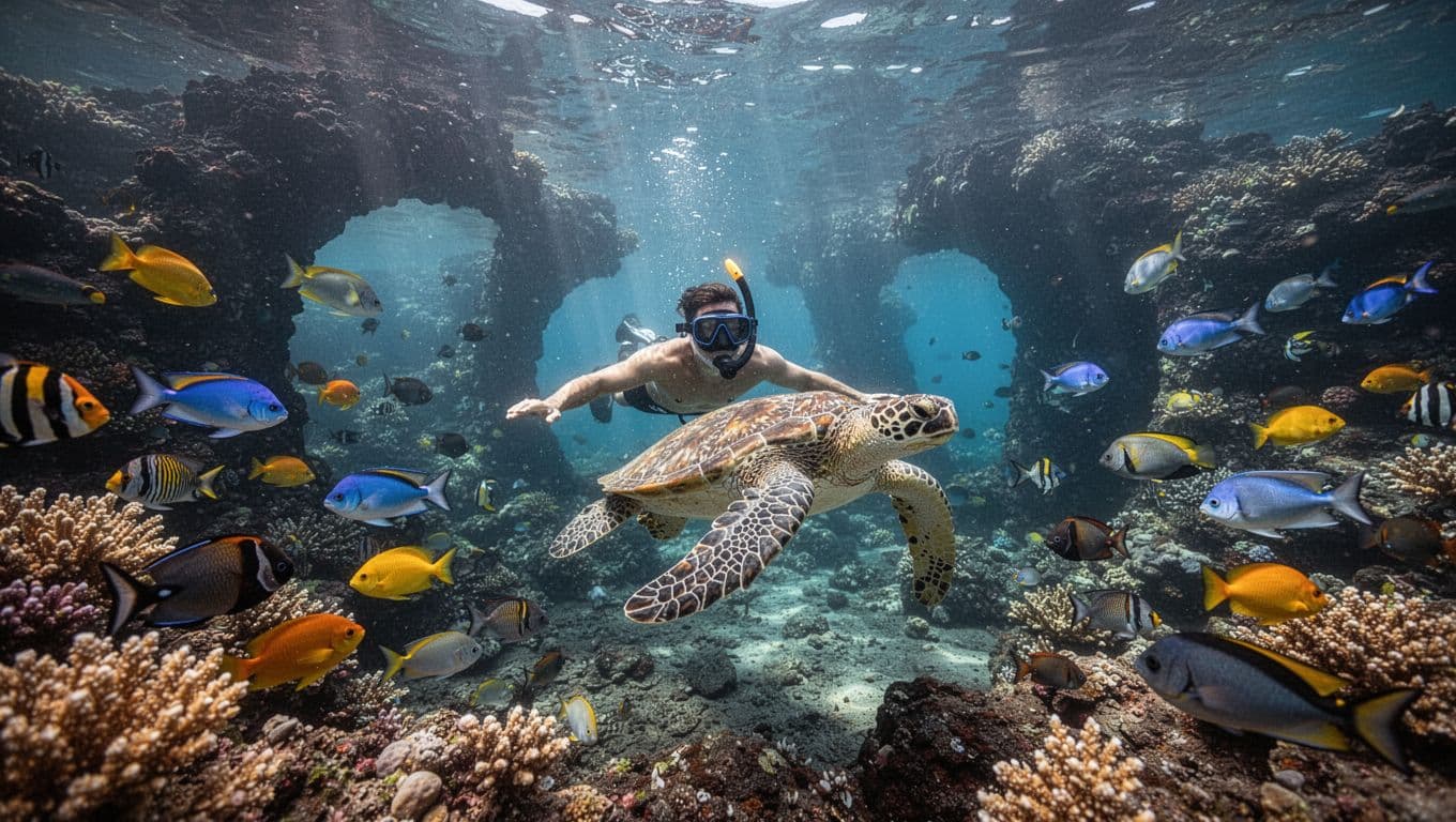 A snorkeler in relaxed floating pose explores a vibrant coral reef teeming with colorful tropical fish and a green sea turtle in crystal-clear sunny waters off Kona, Big Island, Hawaii, with dramatic lava tube arches in the background.