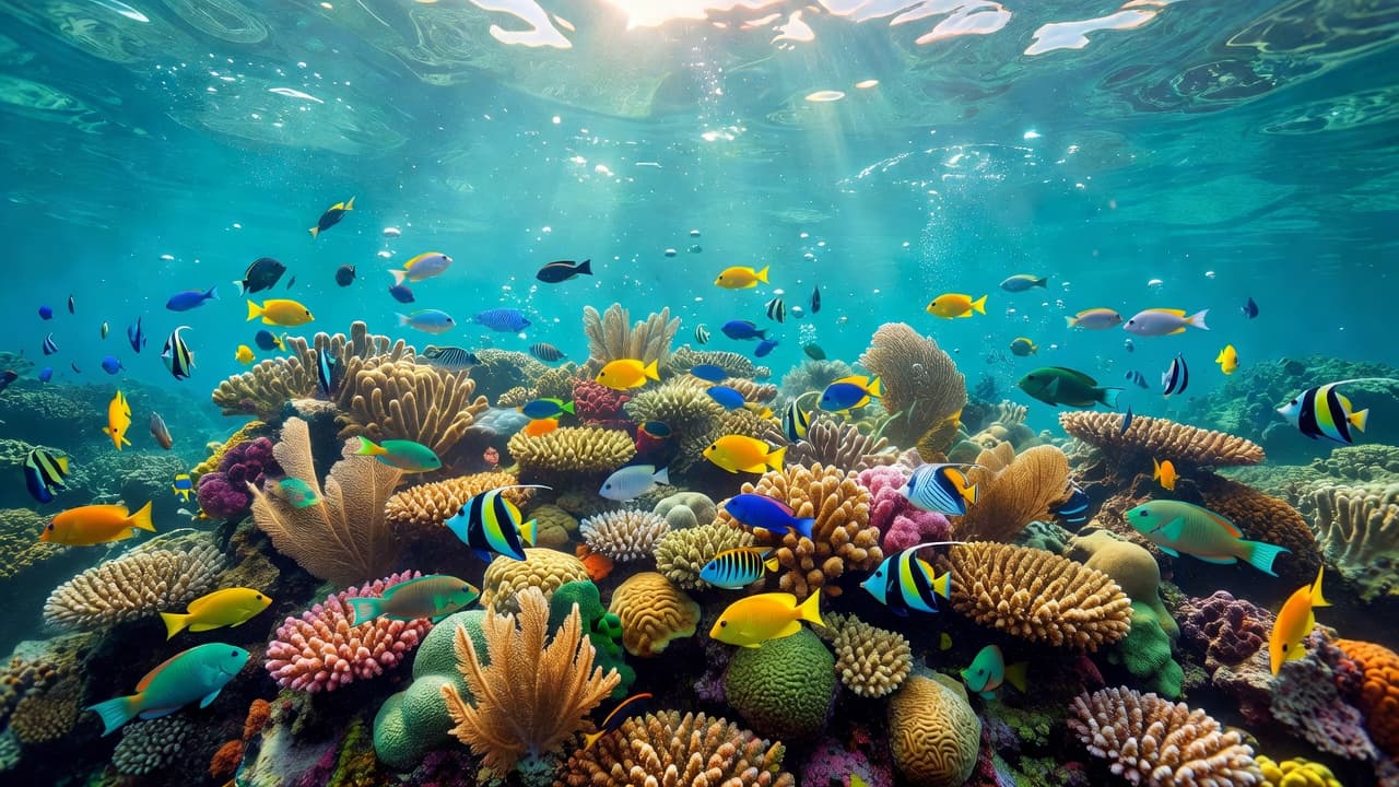Sunlight filters through crystal turquoise water, illuminating a thriving coral reef populated by schools of brilliant tropical fish. The vibrant marine ecosystem displays rich textures and deep shades of cyan.