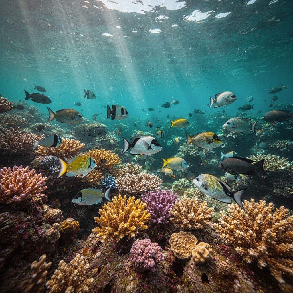 Vibrant coral reef in turquoise water with schools of tropical fish swimming under filtered sunlight.