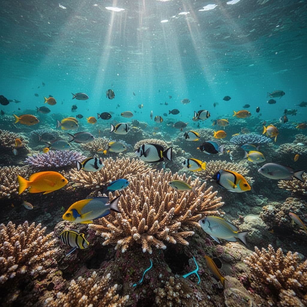 Tropical fish swim through a colorful coral reef under clear, sunlit turquoise water.