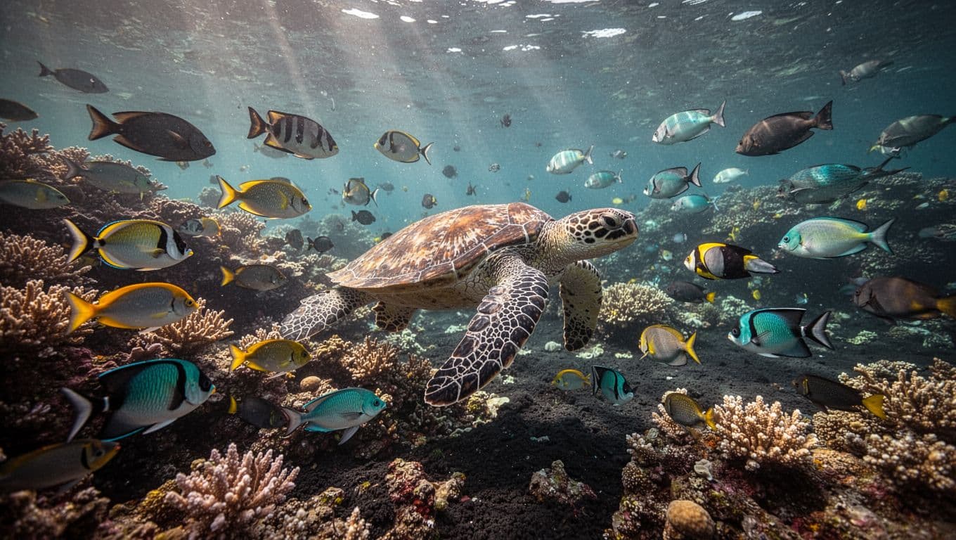 Underwater scene of vibrant coral reef with tropical fish and sea turtle swimming by in Kona Hawaii style volcanic reef, cinematic style with strong contrast and dramatic lighting.