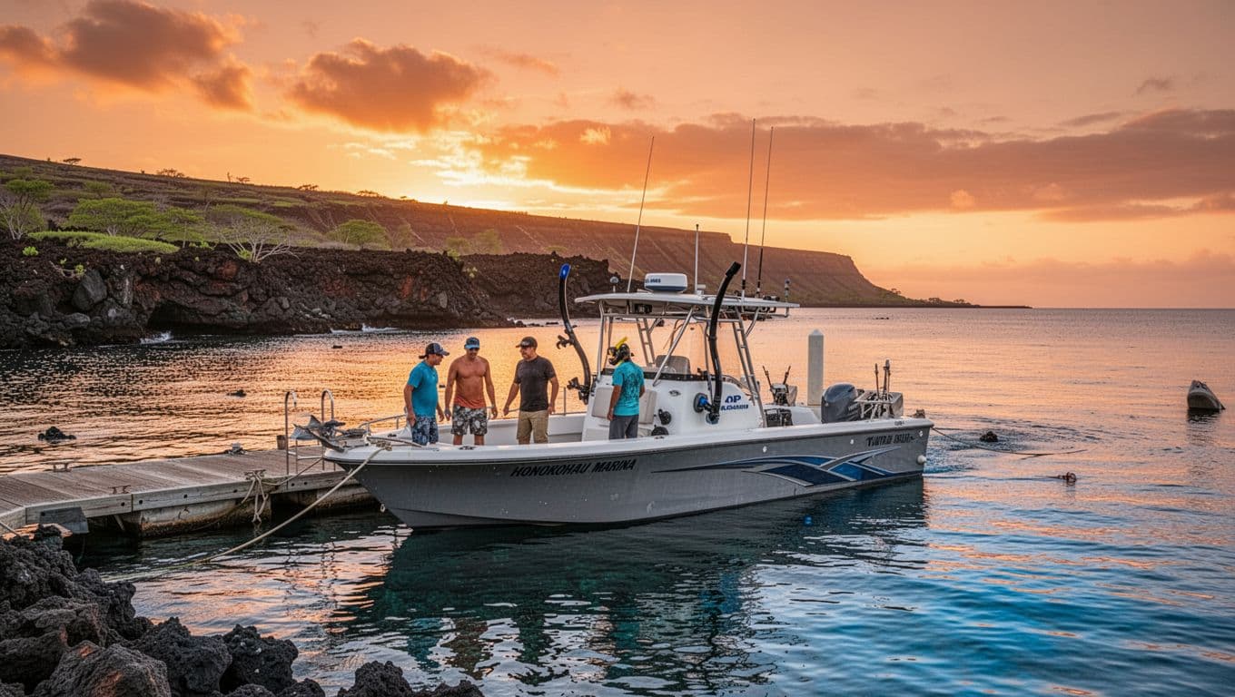 Kona Honokohau Marina at sunset featuring a snorkel boat ready for manta ray night tour amid calm waters and volcanic coastline with a small group boarding.