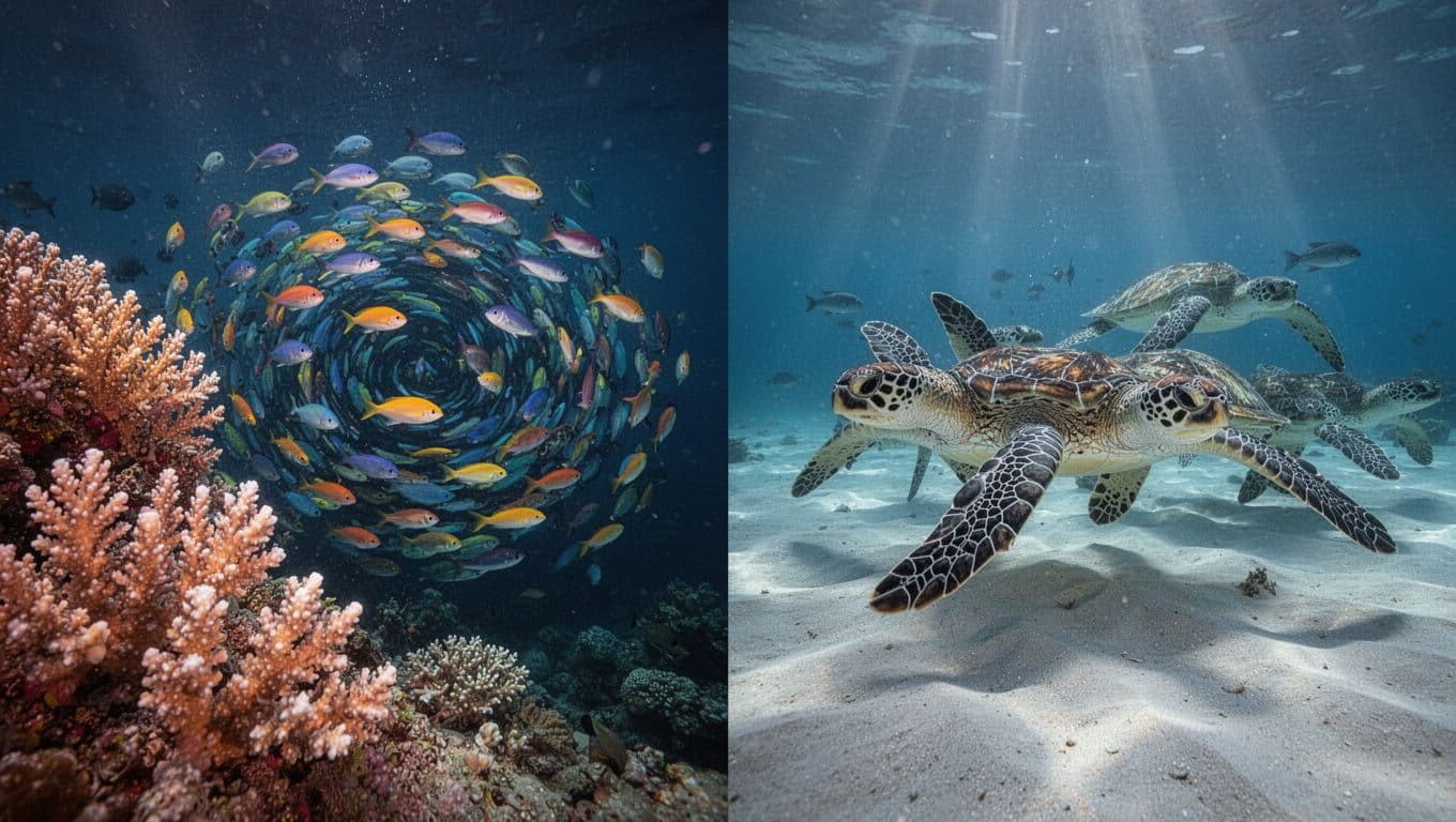 Side-by-side underwater view: left Kona coral reef with fish swarm, right Kohala sandy bottom with sea turtles.