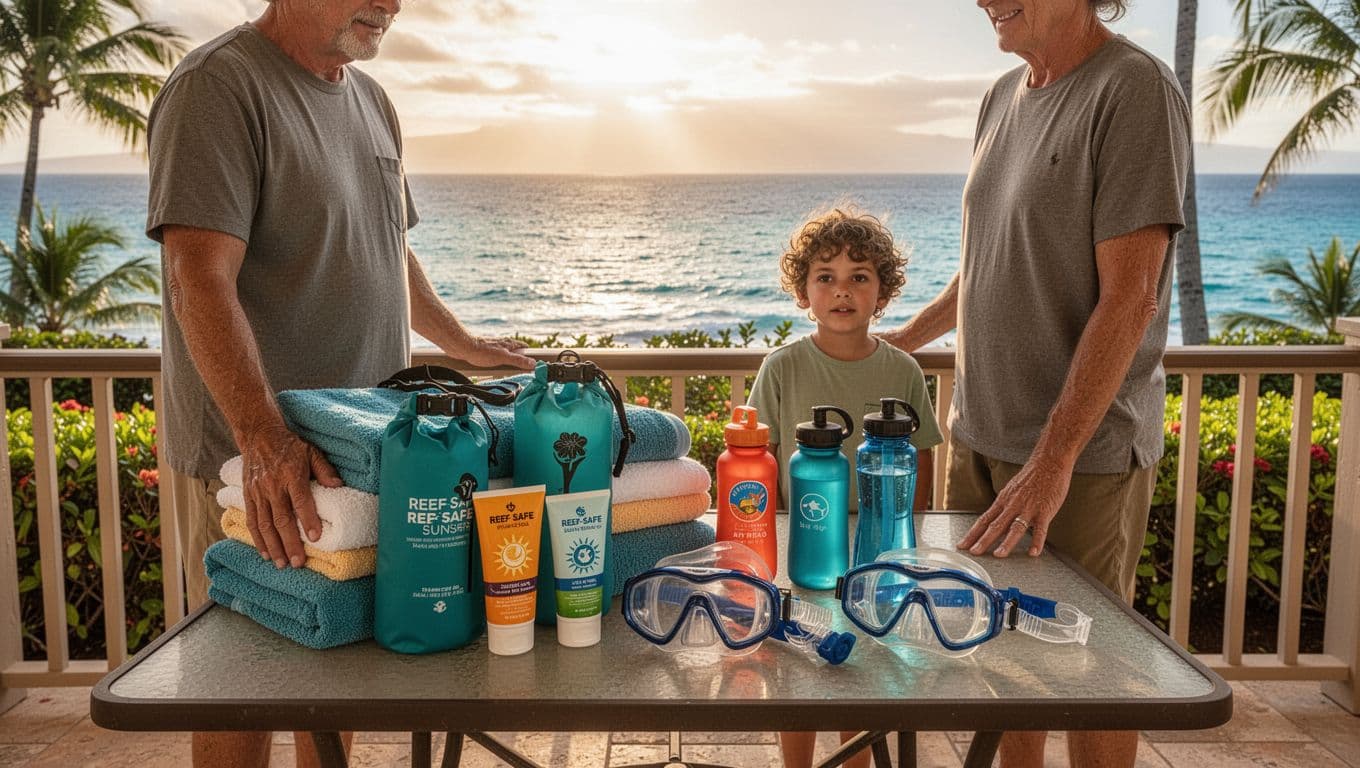 Two adults and a child prepare snorkeling gear on a lanai overlooking the Pacific.