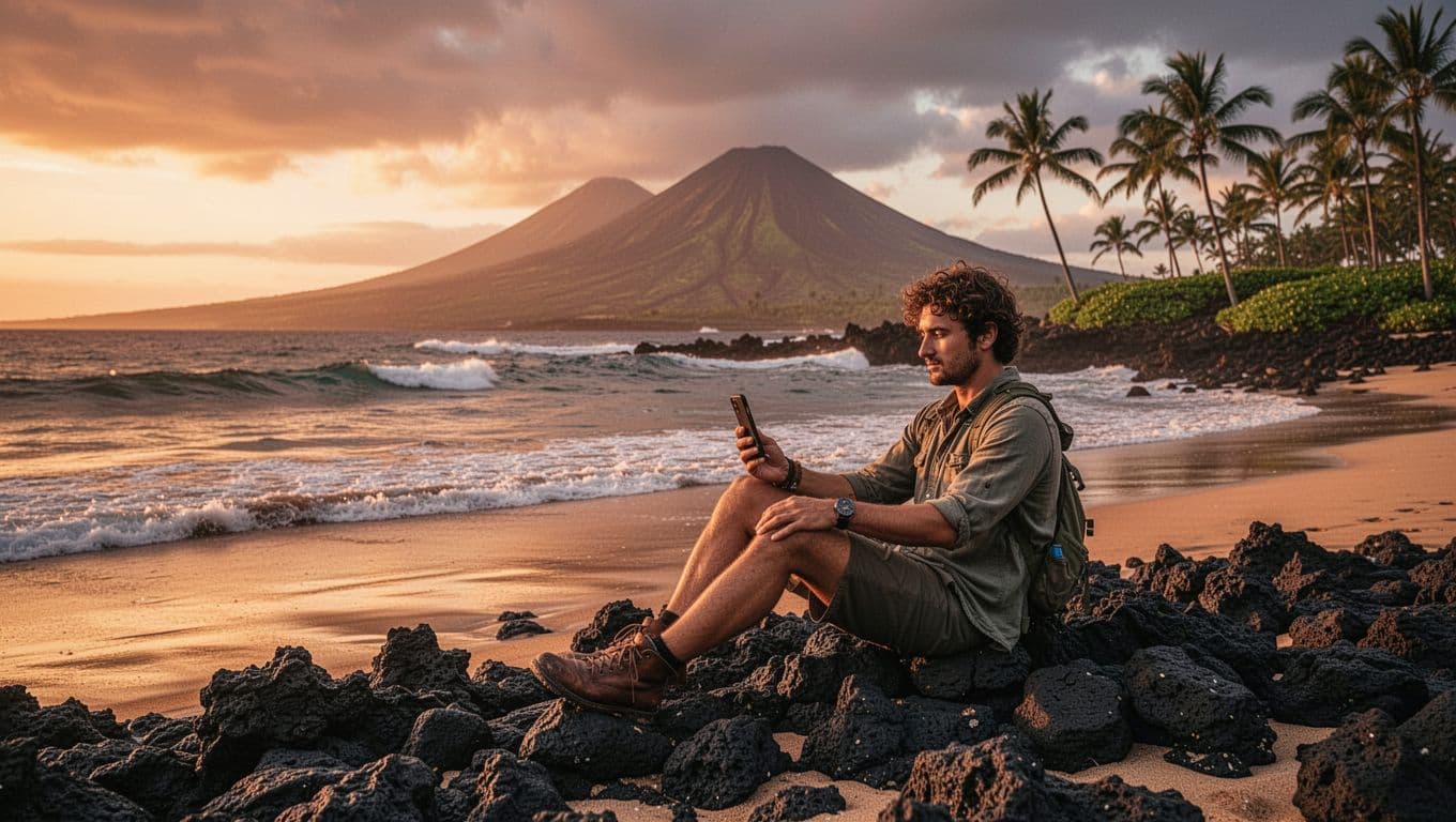 Traveler sits relaxed on black lava rocks at Kona sunset holding smartphone, waves crash with distant volcanoes and palms.