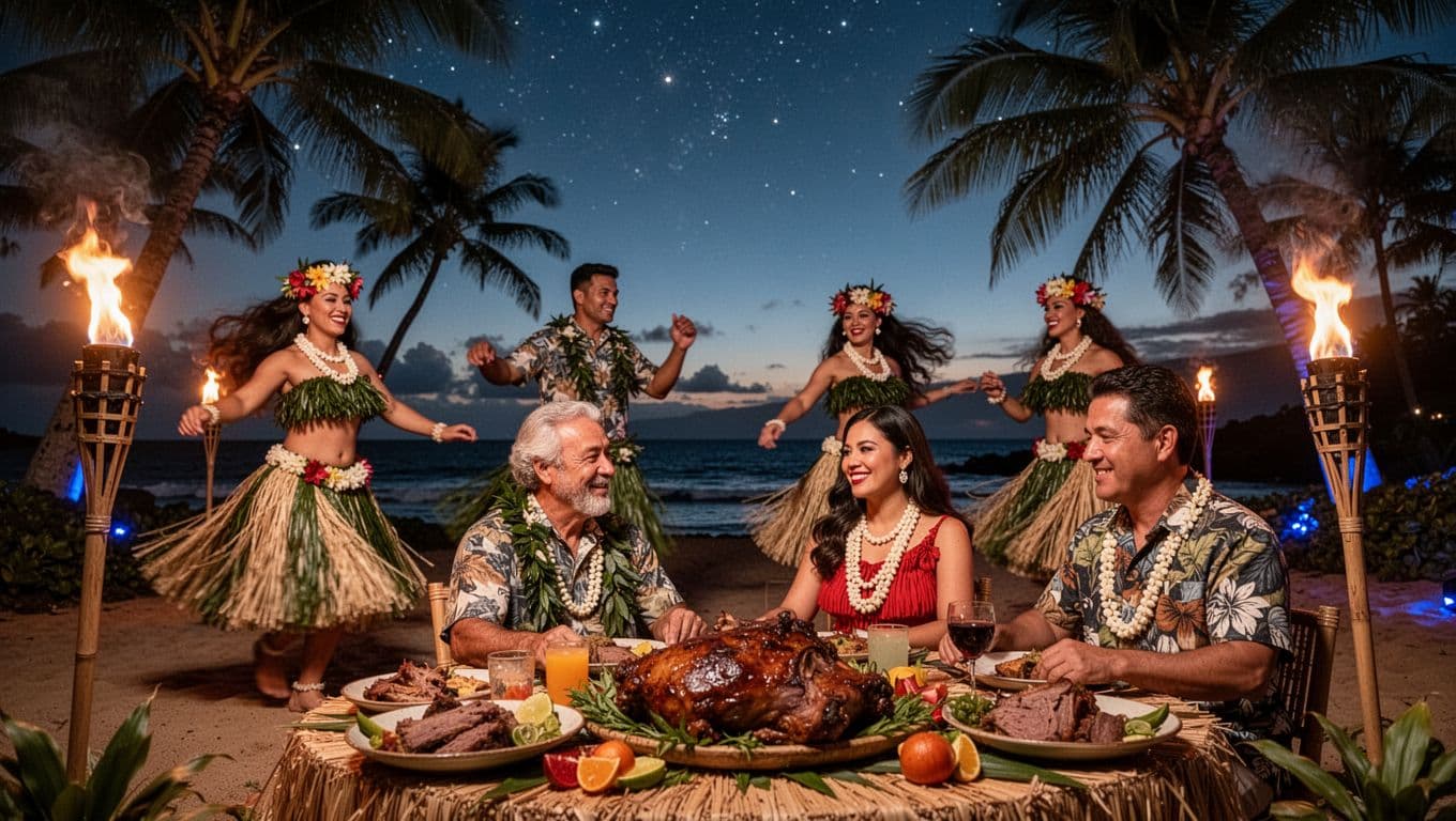Twilight Kona luau with two hula dancers, fire knife performer, kalua pig on tables, tiki torches, palm fronds, starry sky.