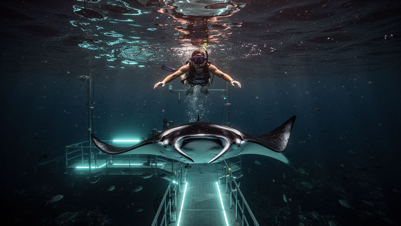 A manta ray glides below a snorkeler in softly lit night water.